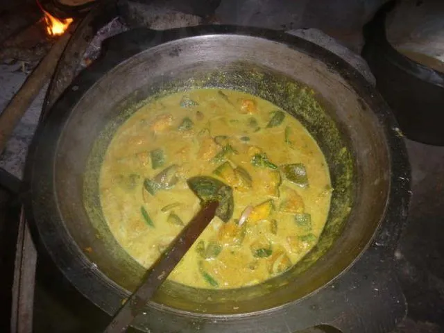 Man sieht das fertige K&uuml;rbis-Curry im Wok