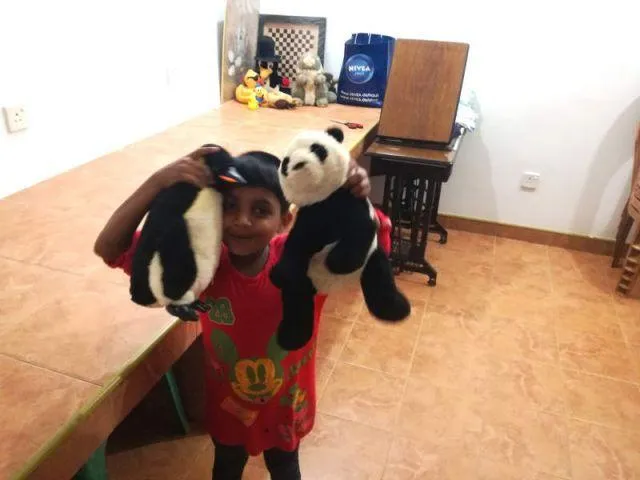 Man sieht Vishmi mit zwei Kuscheltieren kuscheln.