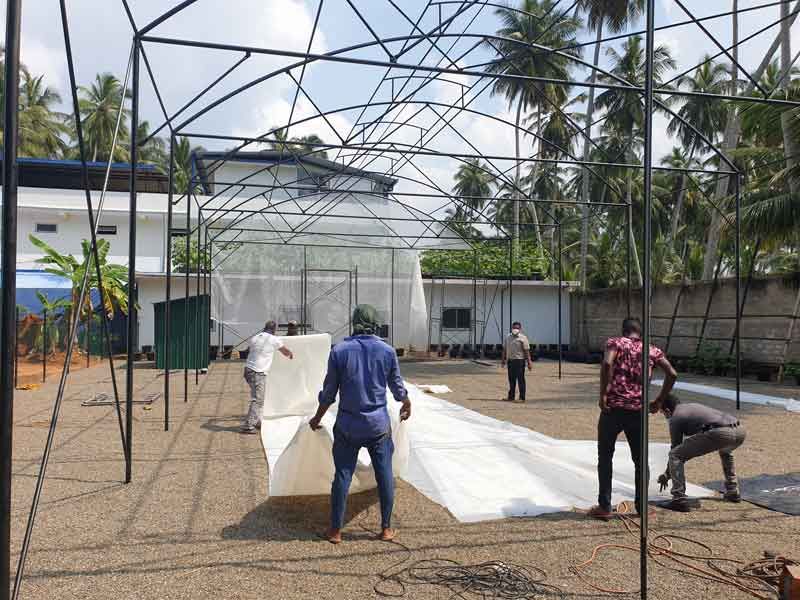 Die erste Bahnen Folie wird befestigt