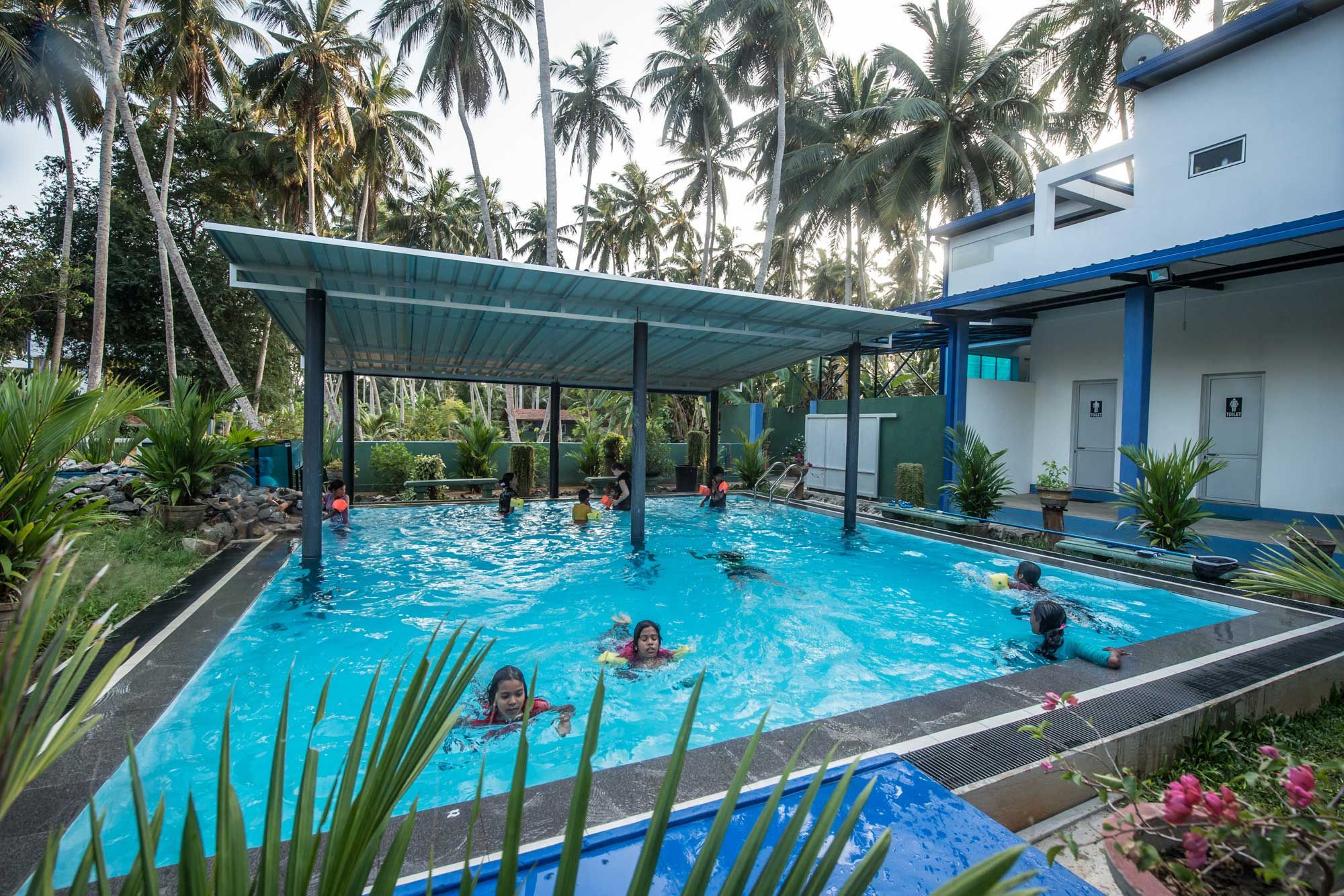 Gemeinsames Schwimmen im Pool des Angels Home